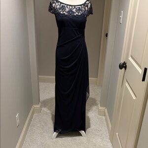 Xscape Navy Blue Formal Dress with Beaded Neckline